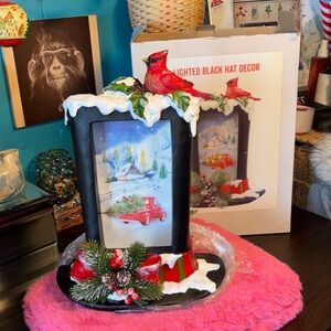 NIB Cracker Barrel 14” lighted black hat, decor with cardinal, Holly, pho, pine